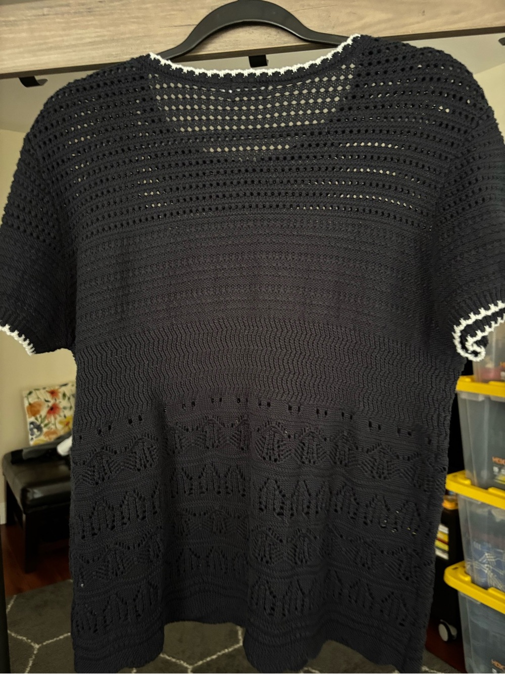 Market & Spruce Navy Crochet Short Sleeve Top with White Trim